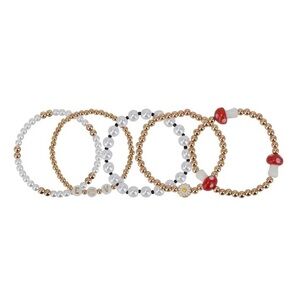 Women's nwt Goldtone Heart Daisy and Smiley Stretch Bracelet Set 5 Pack mushroom
